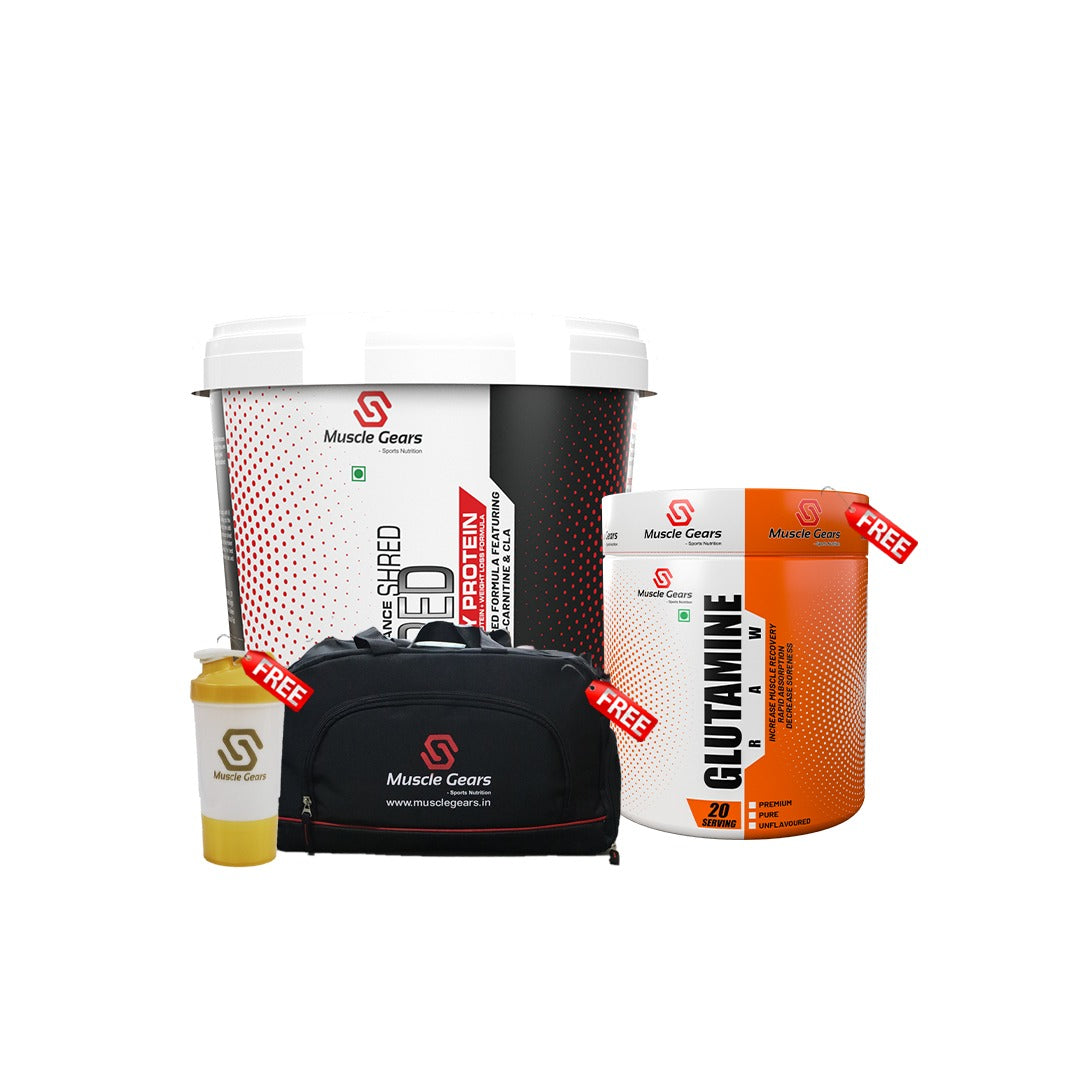 muscle gears buy shred whey protein +gym bag+ glutamine+shaker free